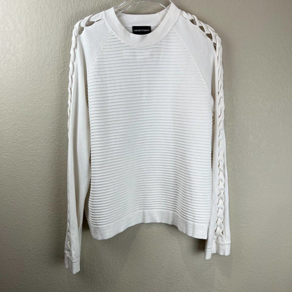 Emporio Armani Off White Ribbed Knit Top Braided Cut Out Sleeve 3K2MUA 2MB1Z 44